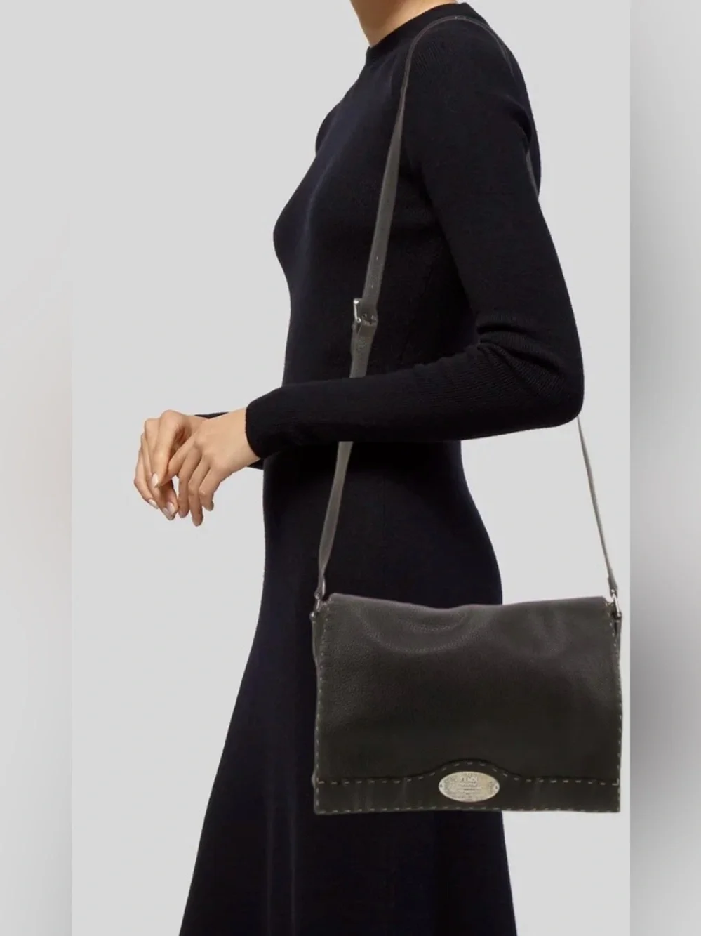 Fendi Dark Brown Pebbled Leather Messenger Bag with Silver Plaque